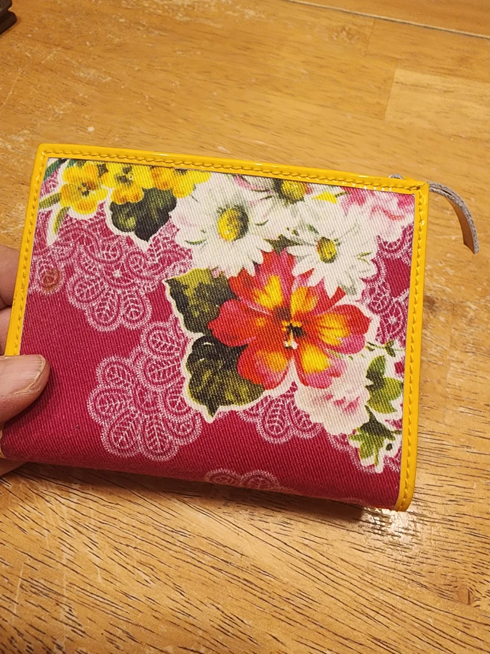 Dolce & Gabbana floral and pink fabric wallet  bright yellow patent leather